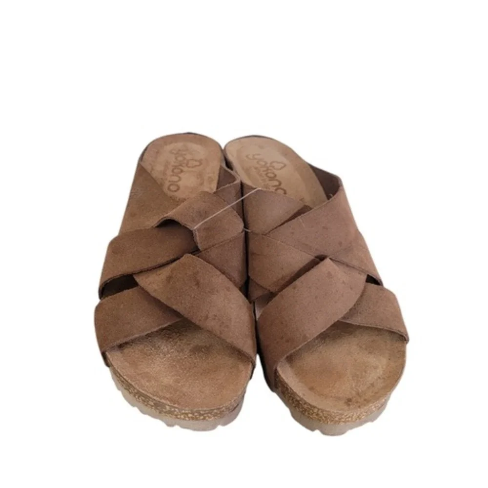 Yokono Candela Sz‎ 8 Suede Genuine Leather Cork Platform Wedge Slip On Sandals